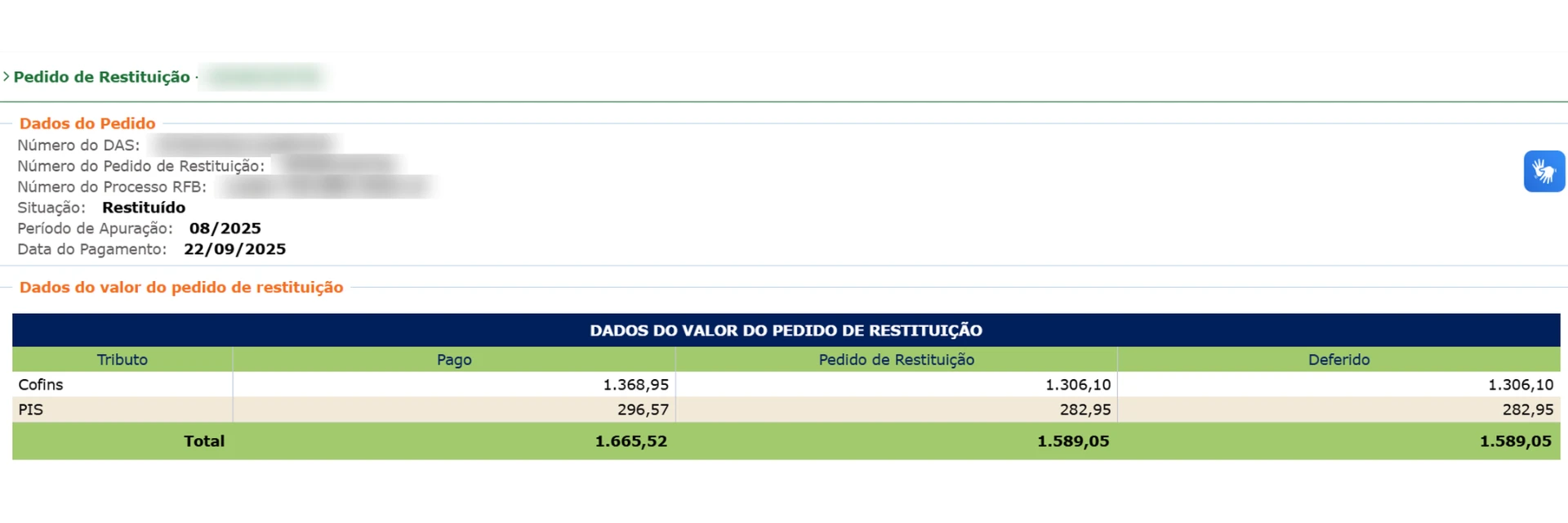 Detalhe de um pedido de restituição da autopeças na situação Restituído, com identificadores sensíveis ocultados.