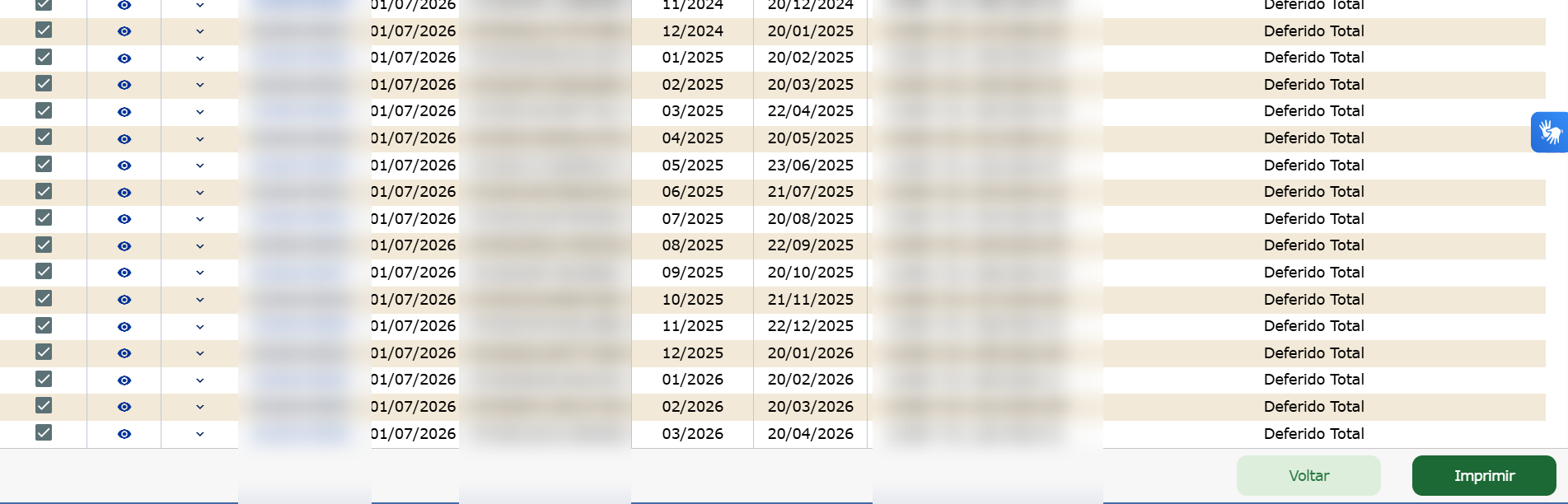 Continuação da lista no e-CAC com períodos na situação Deferido Total e dados identificadores ocultados.
