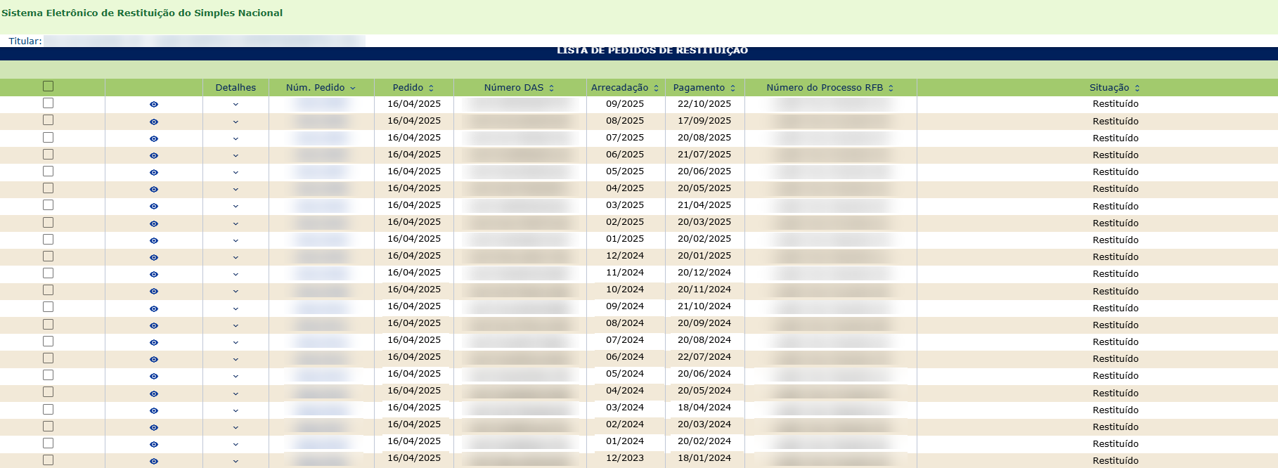 Lista do e-CAC da autopeças, com pedidos de diferentes competências em situação Restituído e data de pedido 16/04/2025.