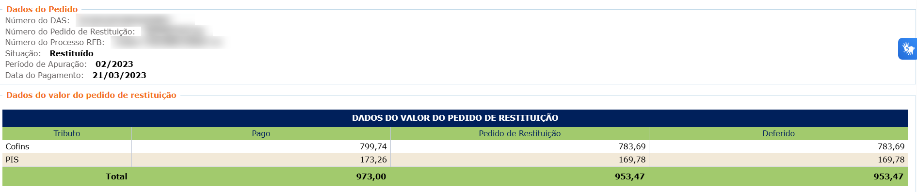 Detalhe de um pedido de restituição do bar e danceteria na situação Restituído, com identificadores sensíveis ocultados.